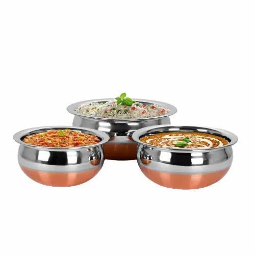 Stainless Steel Copper Bottom Cooking Serving Pot Biryani Handi-3 Pcs Set
