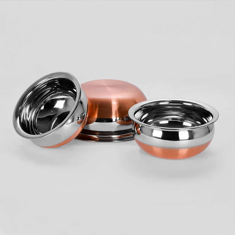 Stainless Steel Copper Bottom Cooking Serving Pot Biryani Handi-3 Pcs Set