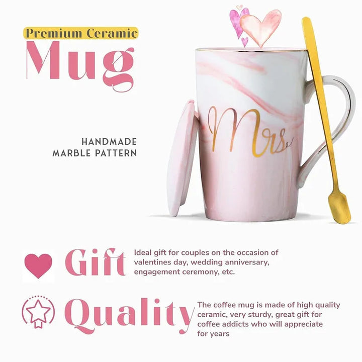 Ceramic Marble Finish Coffee Mug With Lid & Spoon