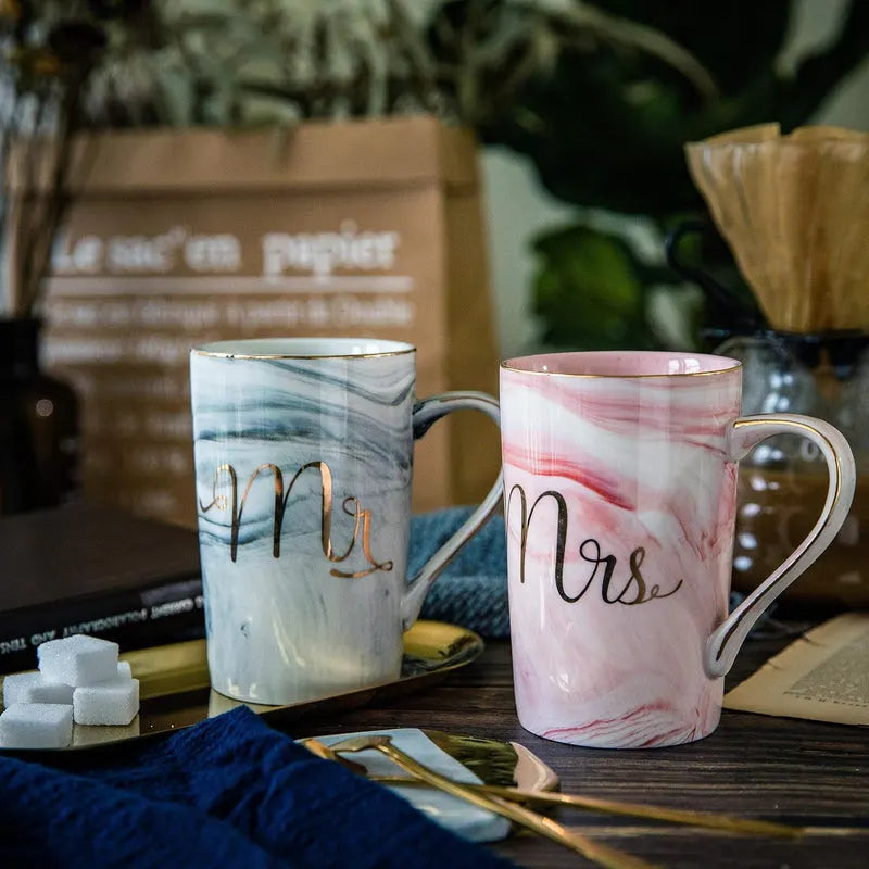 Ceramic Marble Finish Coffee Mug With Lid & Spoon